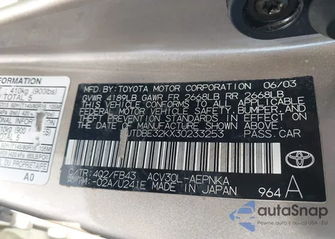 2003 Toyota Camry Le z USA, uszkodzony, nr VIN JTDBE32KX30233253